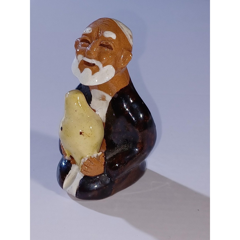 Unmarked Farmer With Chicken Terracotta Figurine Small Brown Hand Painted